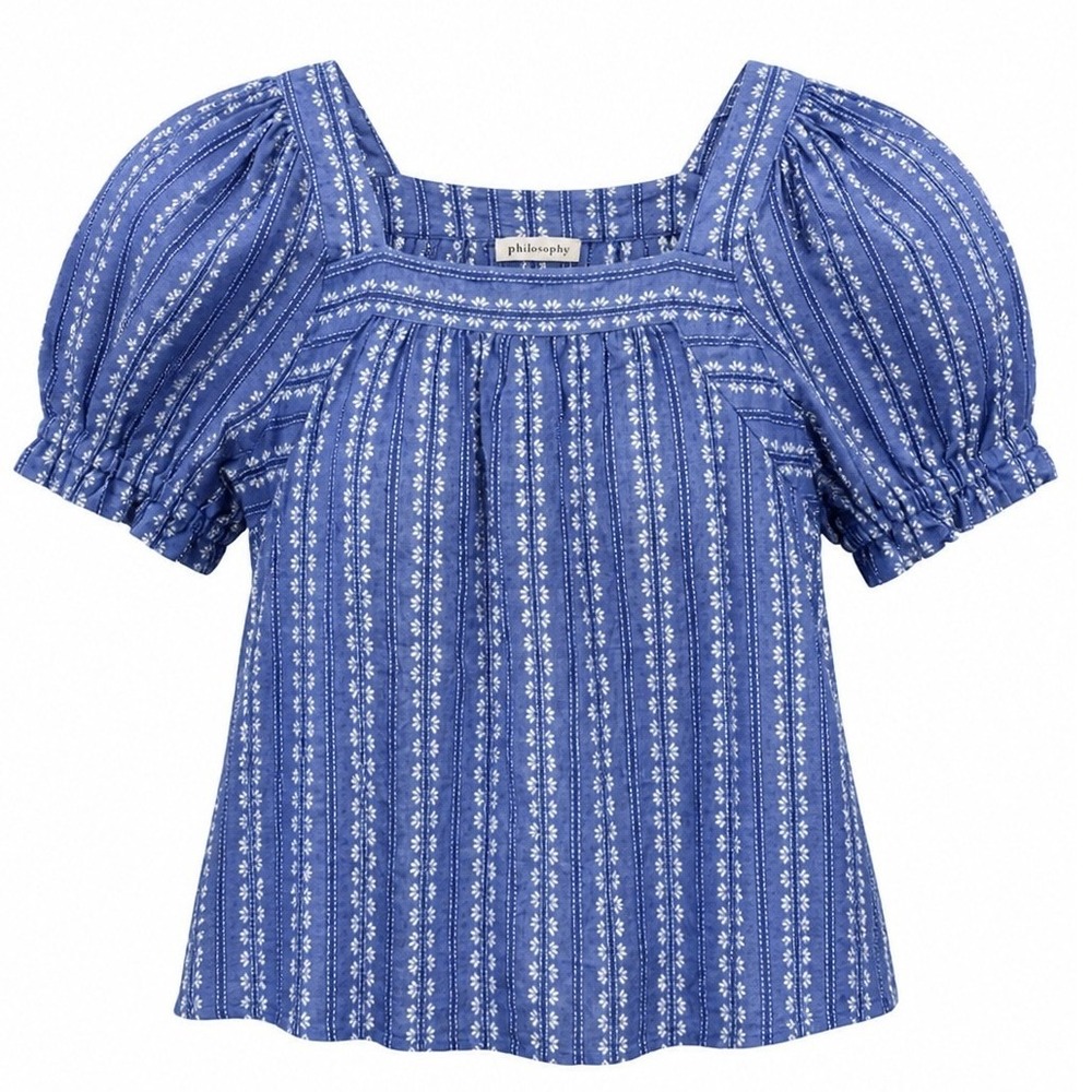 Philosophy Republic Top Women XL Puff Sleeve Blue Floral Stripe Square Neck Boho